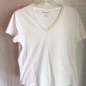 Eddie Bauer white laced trimmed neck line top